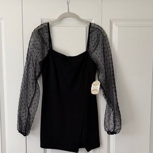 Altar'd State Black Mini Dress with Sheer Polka Dot Sleeves